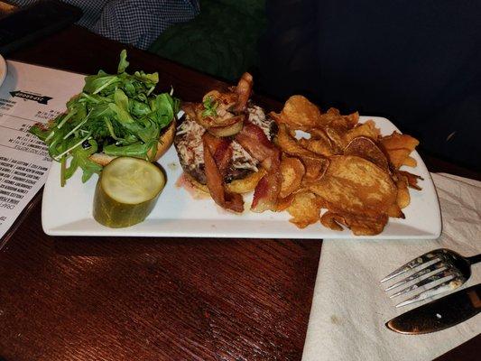 Burger with kettle chips