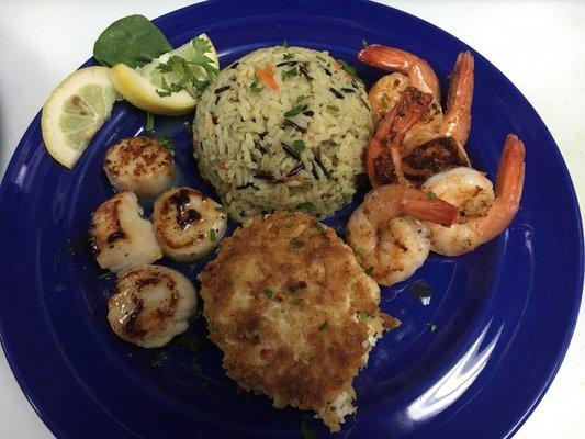 The Marina Red, White and Blue! Red Shrimp, White Scallops and Blue Crab Cake!