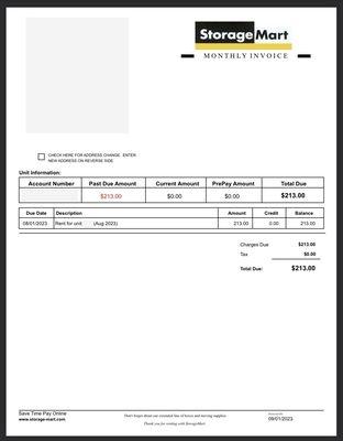 Screenshot of my Storage Mart invoice for $213 for the month of August. My personal information has been blocked out.