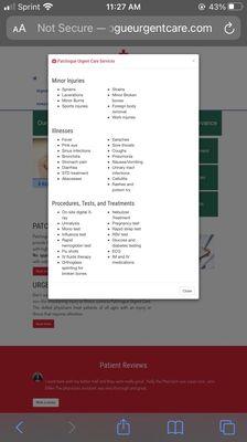Urgent care specialities from their website including minor work injuries