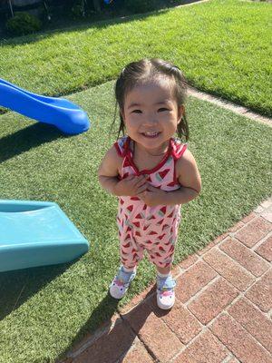 Our 2yo daughter (when she first started) in outdoor play area