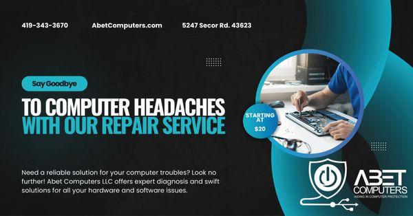 Abet Computers LLC is your trusted local computer repair shop in Toledo, Ohio! We offer expert repair services for all your computer needs.