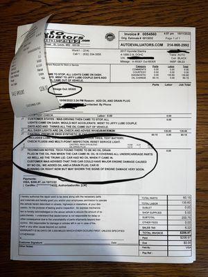 Receipt and diagnosis from auto shop