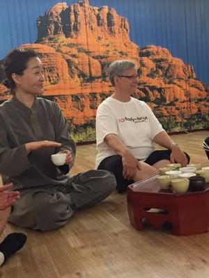 Master Suhaeng putting some life  energy into the healing tea she makes for members. Enjoyed as a meditation after every class!