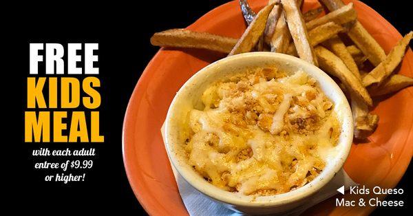 Thursdays KIDS EAT FREE ALL DAY! Receive a FREE kids meal with each adult entree of $9.99 or higher! In dining room only. Can not be combine