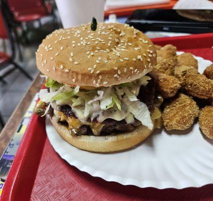 Super Burger with corn nuggets