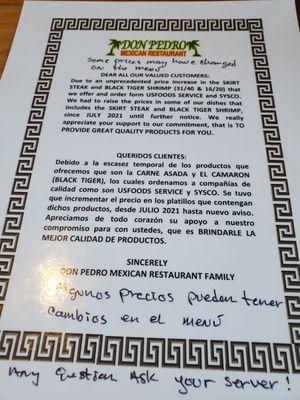 Menu notice