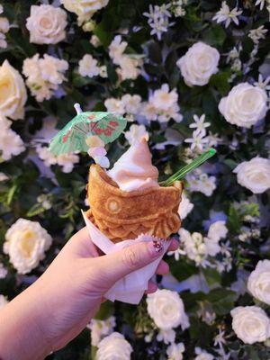 Thai Tea Swirl Soft Serve in a Taiyaki