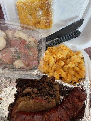 German Potato Salad Small, Macaroni And Cheese Small, Two Meat Deluxe Platter, Cornbread