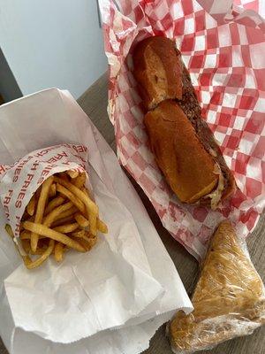 Philly Cheesesteak, fries, and baklava