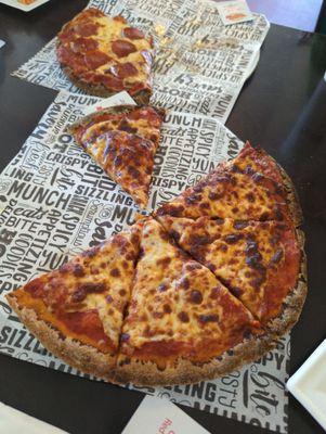 The grandkids shared a pepperoni pizza and a cheese pizza. The pepperoni went first, they took the rest home in a plain cardboard pizza box.