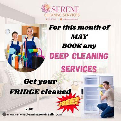 May Special! 

Book our Deep Cleaning Services this month, and we'll clean your fridge for FREE!  Hurry, don't miss out!