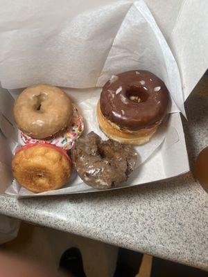 Maple Cake, Vanilla Raised with Sprinkles, Strawberry Cake with Sprinkles, Blueberry Old Fashioned, Raised Glaze and a Raised Chocolate