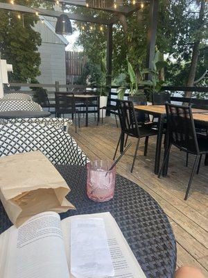 Back porch all to myself with a drink, chips and a book!