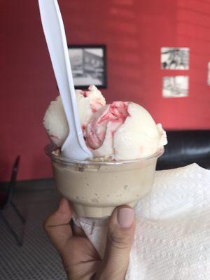 Scoops of strawberries & cream and coffee ice cream. Yum!