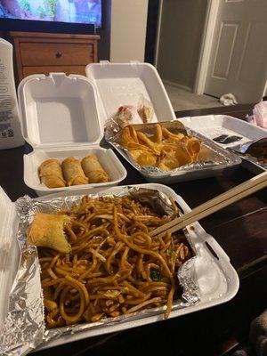 Chicken chowmein , egg rolls and crab wontons.