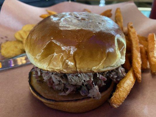 Brisket sandwich  Sweet Potato Fries. Fried Corn Fritters