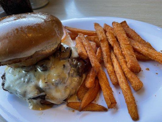 Double Mushroom Swiss burger with sweet potato fries.