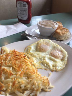 Biscuits and Gravy as you would get at any hotel's complimentary breakfast (not good)