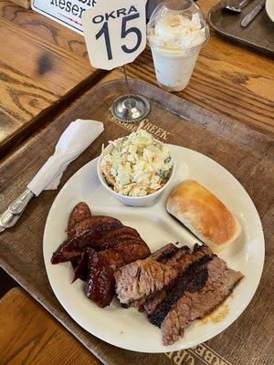 Brisket and (peppered) Sausage plate.  * coleslaw  * amazing rolls * banana pudding  * soon to appear a basket of okra