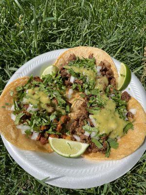 Asada and pastor tacos! The carne asada is my favorite, and don't forget to get extra green (mild) salsa - it's delish!