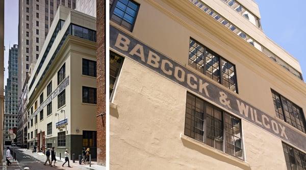 Two exterior views of the 40 Jessie Street Student Center, Cafe, and Bookstore.