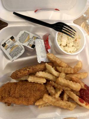 Chicken strip basket with regular fries and slaw