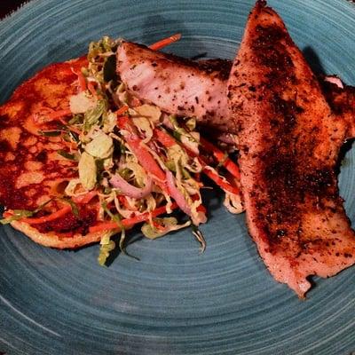 Blackened tilapia, fritters, w/ Brussels sprout salad