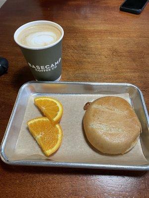 Breakfast sandwich and latte