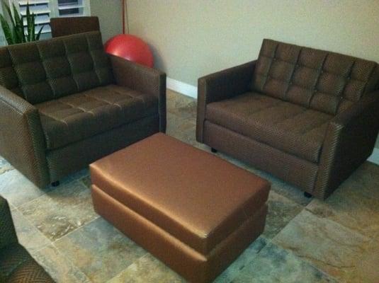 Custom built oversized chairs with coordinating ottoman