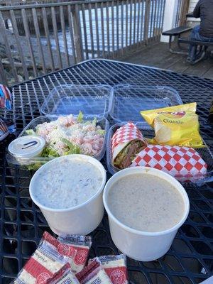 Shrimp Caesar salad, salmon wrap, clam chowder & salmon chowder.  YUM!!!