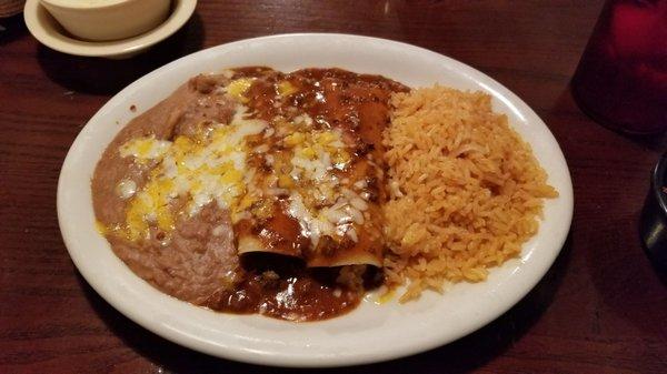 Beef enchiladas, rice and beans