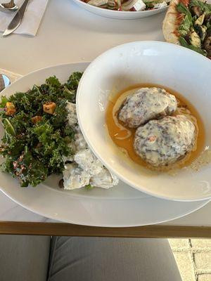 Meatballs, potato salad and Kale salad