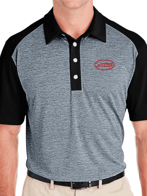 Embroidered company logo on a golf shirt.