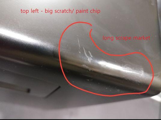 top left has big scratch. It's where they put finishing coating to hide then never told me    ****mark* not market... typo in the photo