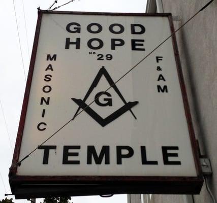 This is the sign on the outside. A whole lot of history and one of the very few Masonic buildings owned by its members