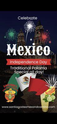 Celebrate Mexico's Independence Day with our traditional Paloma cocktail on special all day!