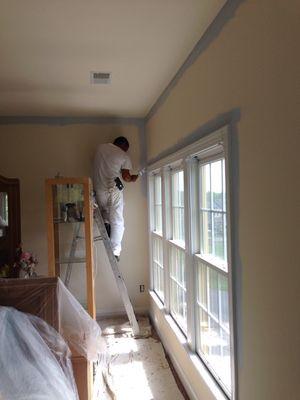 Our professional crew meticulously painting the edges free hand to make a perfect line before rolling up the walls.