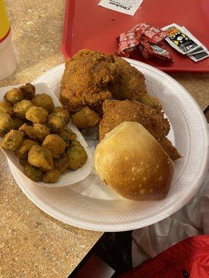 3 piece spicy chicken , roll and fried okra