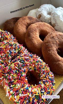 Vanilla frosted sprinkled donut along with cinnamon sugar & powered sugar