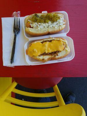 Chili cheese dog and a slaw dog