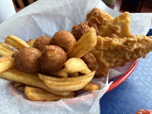 Large Fish and Chips with extra order of Hushpuppies.  Always Fantastic!