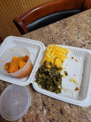 Collards, mac and cheese and candied yams. Ate the fried chicken in 0.5 seconds. Just wish there was more. Excellent, authentic soul food!