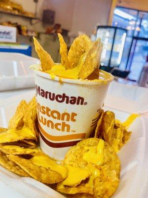 Ramen Charola, your favorite chips with Nacho cheese and maruchan with corn, mayo, mexican cheese must try