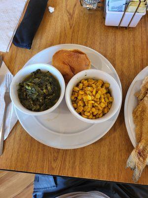 Collard greens, buttered corn and dinner roll