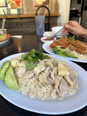 Steamed Dark Meat Chicken and Rice, Crispy Chicken in the back! Solid and yum.