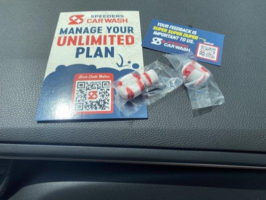 You can use the QR code to manage your Unlimited Plan. They gave us mints, dashboard wipes & 2 Milk-Bone dog treats.