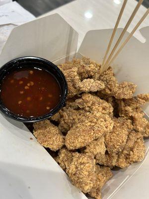 Basil Popcorn Chicken (missing the basil). with Sweet Chili Sauce (25 cent extra)