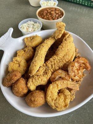 The #5 with fried fish and 1/2 grilled 1/2 fried shrimp. The rice hiding under everything was a delicious surprise.