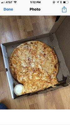 This is a picture of the pizza they sent us twice today. Claims they are sending the $23.00 refund but have received it back yet.